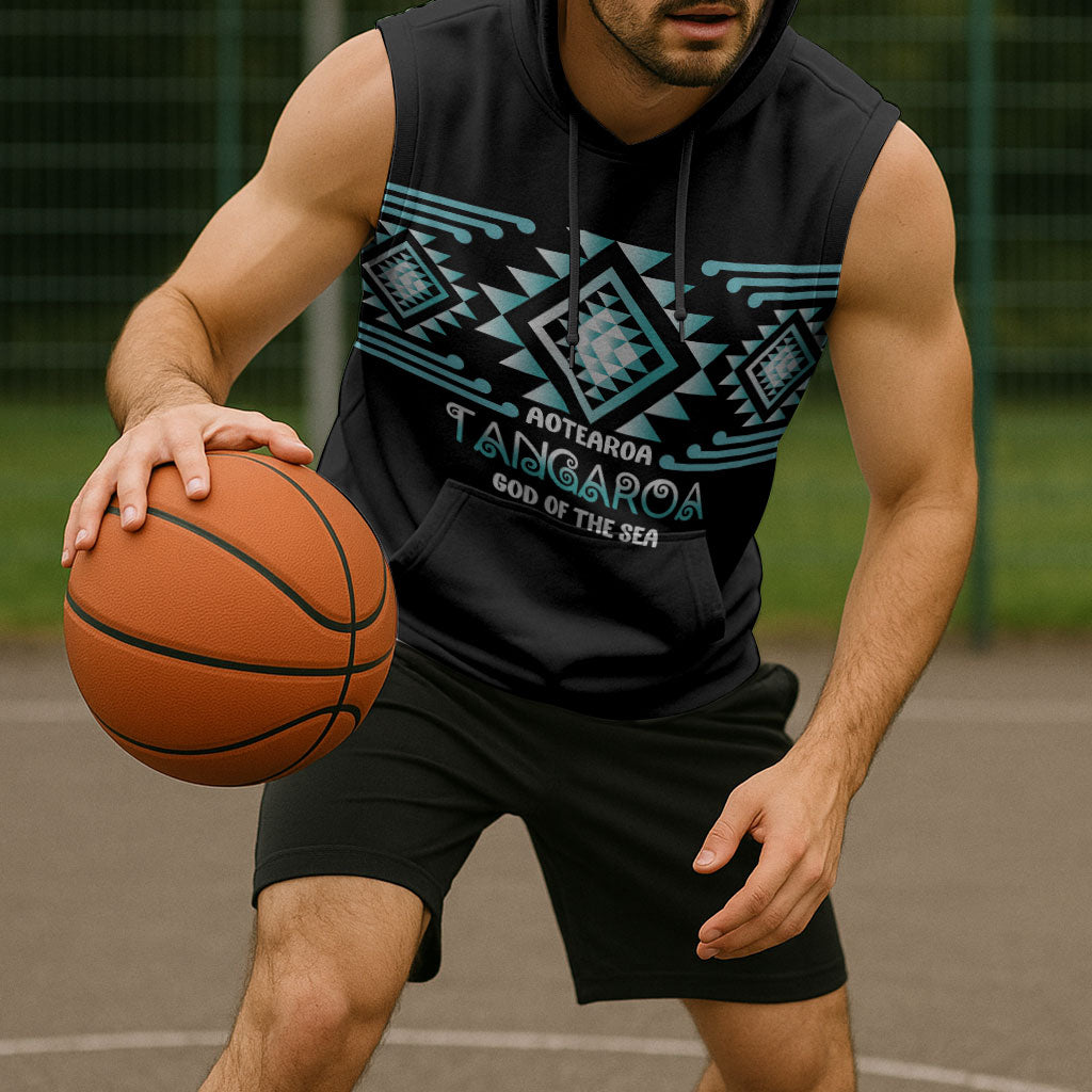Aotearoa Atua Tangaroa Personalised Sleeveless Hoodie Maori God Of The Sea Taniko Motifs