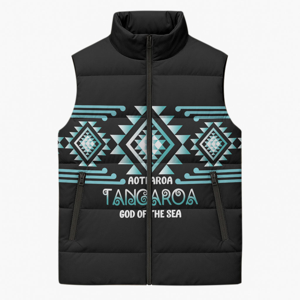 Aotearoa Atua Tangaroa Personalised Sleeveless Puffer Jacket Maori God Of The Sea Taniko Motifs LT14 Unisex Turquoise - Polynesian Pride