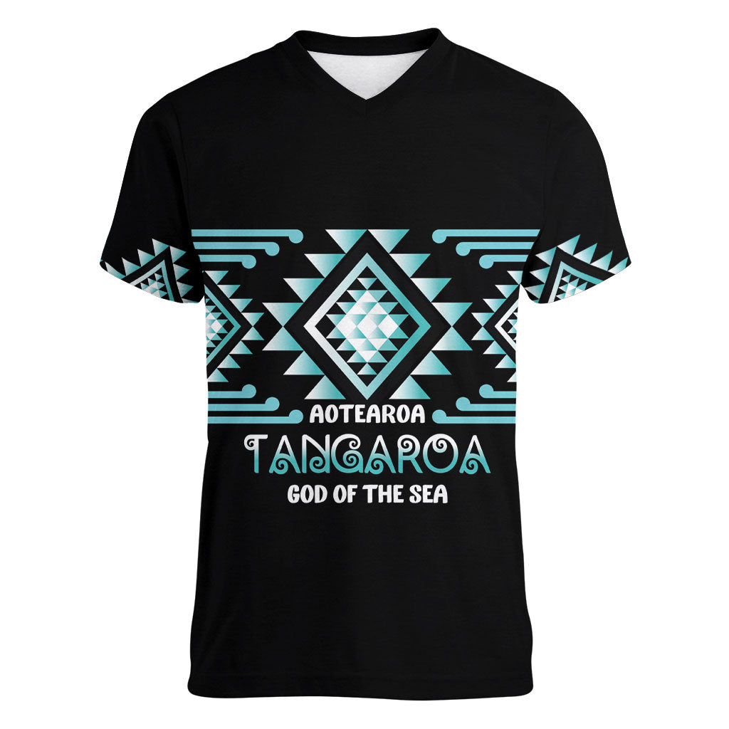 Aotearoa Atua Tangaroa Personalised Women V-Neck T-Shirt Maori God Of The Sea Taniko Motifs