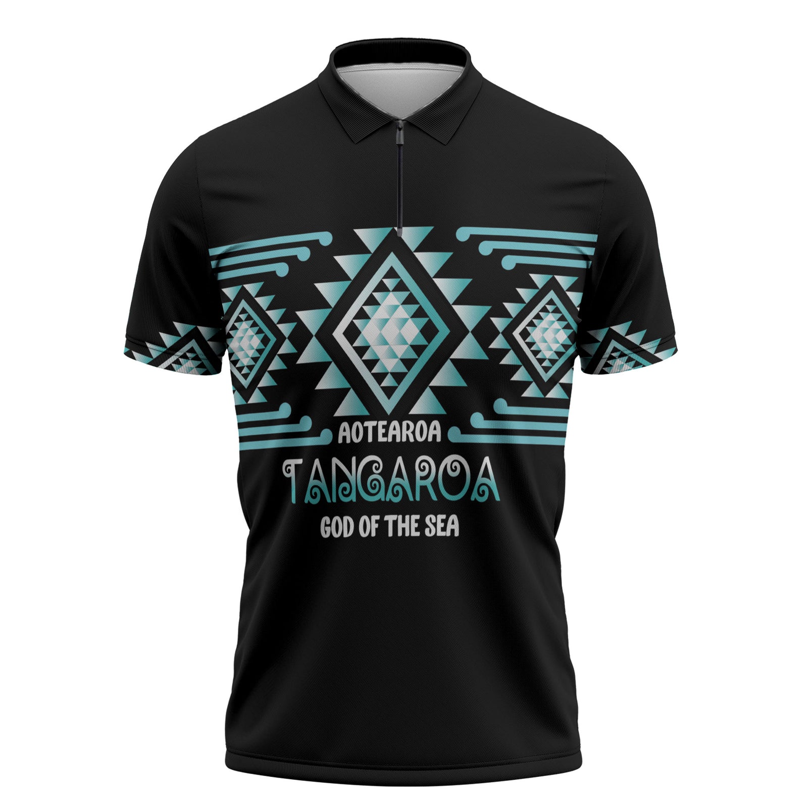 Aotearoa Atua Tangaroa Personalised Zipper Polo Shirt Maori God Of The Sea Taniko Motifs LT14 Turquoise - Polynesian Pride