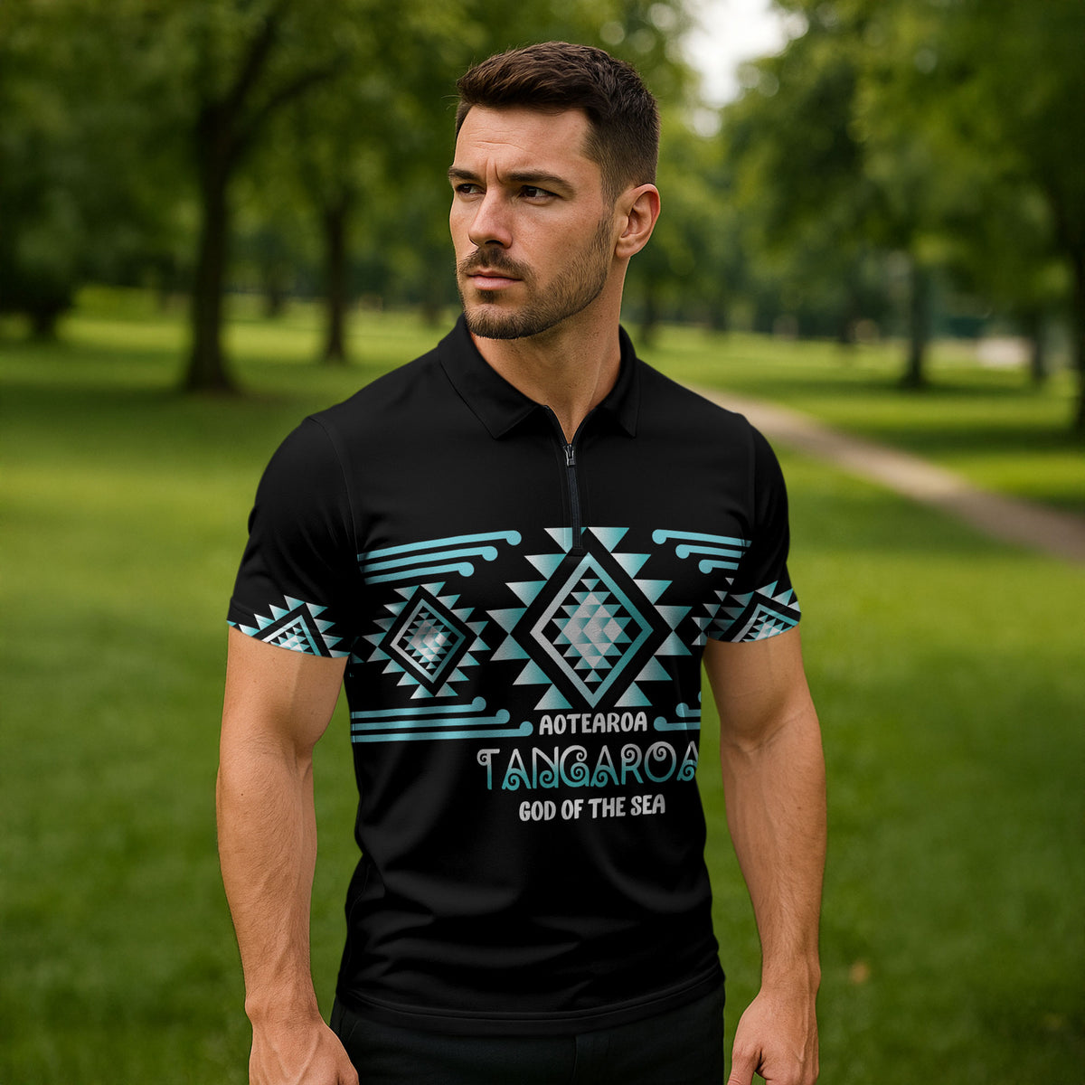 Aotearoa Atua Tangaroa Personalised Zipper Polo Shirt Maori God Of The Sea Taniko Motifs