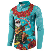 Hawaii Christmas Button Sweatshirt Mele Kalikimaka Poinsettia Lei - Cyan