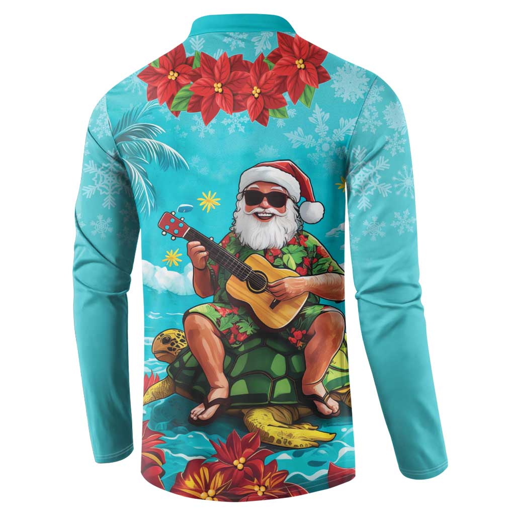 Hawaii Christmas Button Sweatshirt Mele Kalikimaka Poinsettia Lei - Cyan