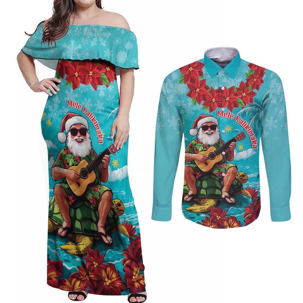 Hawaii Christmas Couples Matching Off Shoulder Maxi Dress and Long Sleeve Button Shirt Mele Kalikimaka Poinsettia Lei - Cyan