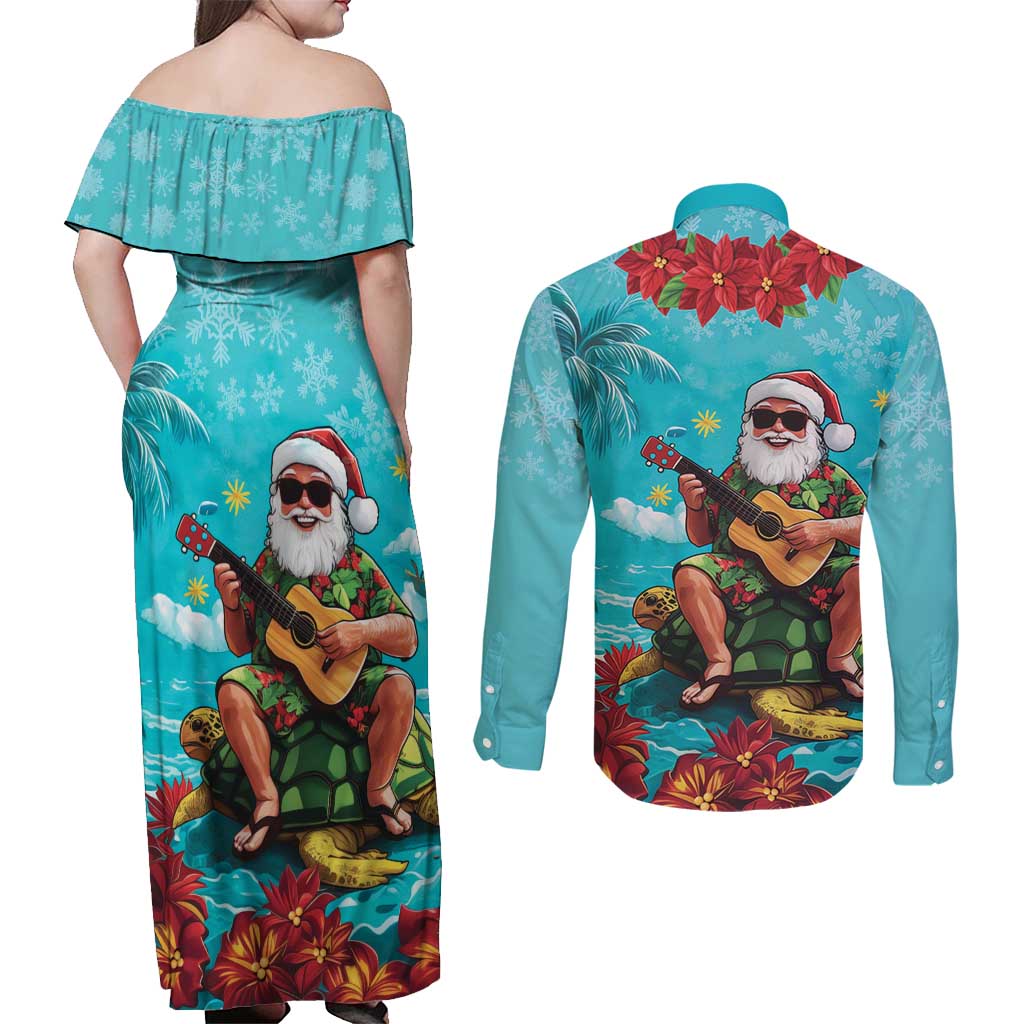 Hawaii Christmas Couples Matching Off Shoulder Maxi Dress and Long Sleeve Button Shirt Mele Kalikimaka Poinsettia Lei - Cyan