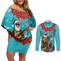 Hawaii Christmas Couples Matching Off Shoulder Short Dress and Long Sleeve Button Shirt Mele Kalikimaka Poinsettia Lei - Cyan