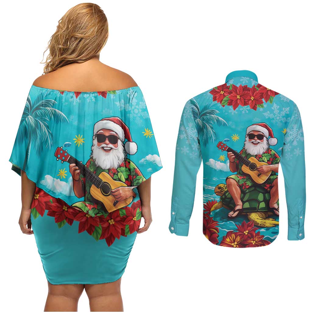 Hawaii Christmas Couples Matching Off Shoulder Short Dress and Long Sleeve Button Shirt Mele Kalikimaka Poinsettia Lei - Cyan