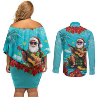 Hawaii Christmas Couples Matching Off Shoulder Short Dress and Long Sleeve Button Shirt Mele Kalikimaka Poinsettia Lei - Cyan