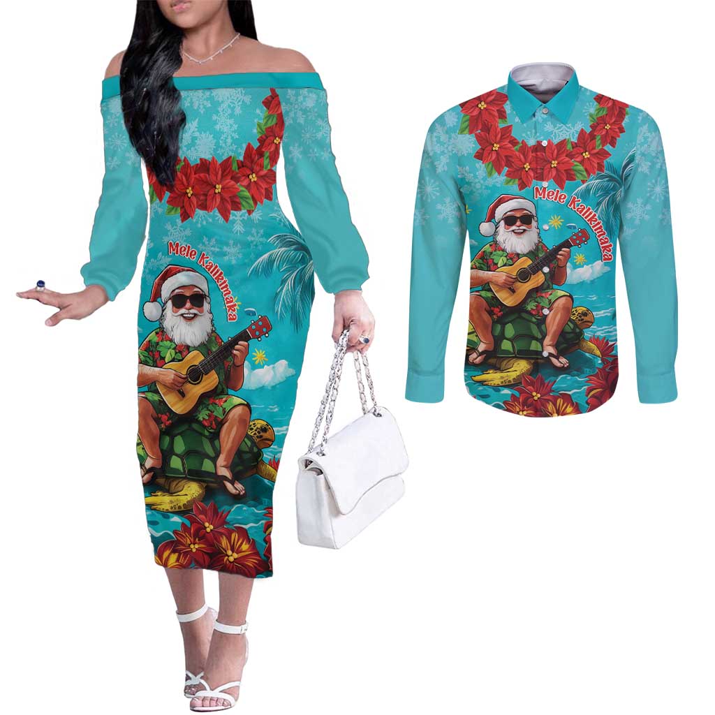 Hawaii Christmas Couples Matching Off The Shoulder Long Sleeve Dress and Long Sleeve Button Shirt Mele Kalikimaka Poinsettia Lei - Cyan