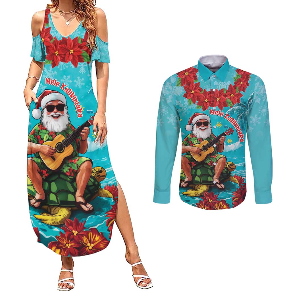 Hawaii Christmas Couples Matching Summer Maxi Dress and Long Sleeve Button Shirt Mele Kalikimaka Poinsettia Lei - Cyan