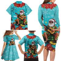 Hawaii Christmas Family Matching Long Sleeve Bodycon Dress and Hawaiian Shirt Mele Kalikimaka Poinsettia Lei - Cyan