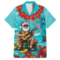 Hawaii Christmas Family Matching Long Sleeve Bodycon Dress and Hawaiian Shirt Mele Kalikimaka Poinsettia Lei - Cyan