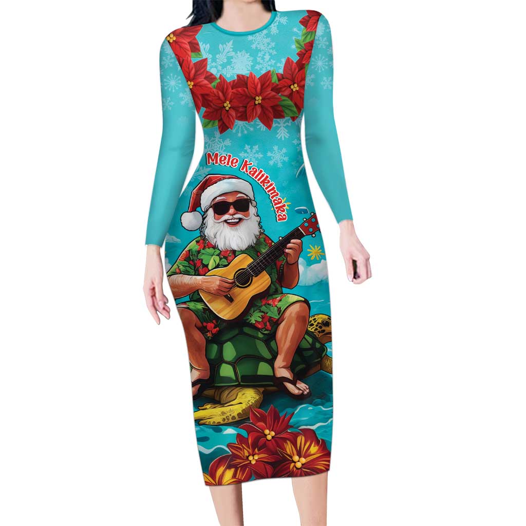 Hawaii Christmas Family Matching Long Sleeve Bodycon Dress and Hawaiian Shirt Mele Kalikimaka Poinsettia Lei - Cyan