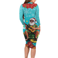 Hawaii Christmas Family Matching Long Sleeve Bodycon Dress and Hawaiian Shirt Mele Kalikimaka Poinsettia Lei - Cyan