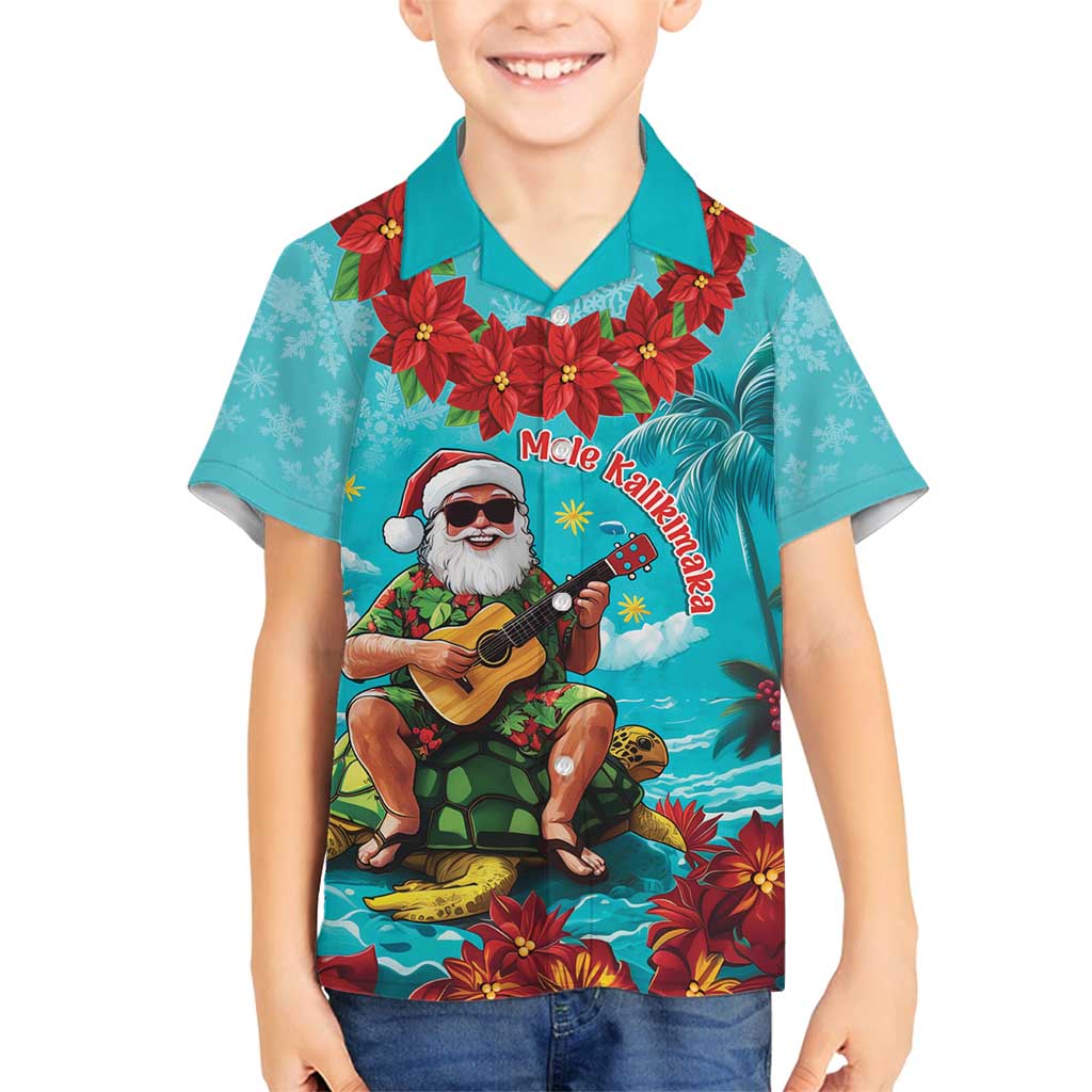 Hawaii Christmas Family Matching Long Sleeve Bodycon Dress and Hawaiian Shirt Mele Kalikimaka Poinsettia Lei - Cyan