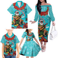 Hawaii Christmas Family Matching Off The Shoulder Long Sleeve Dress and Hawaiian Shirt Mele Kalikimaka Poinsettia Lei - Cyan