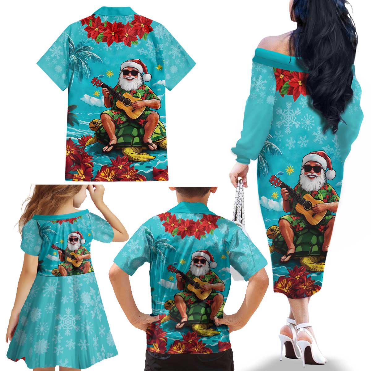 Hawaii Christmas Family Matching Off The Shoulder Long Sleeve Dress and Hawaiian Shirt Mele Kalikimaka Poinsettia Lei - Cyan