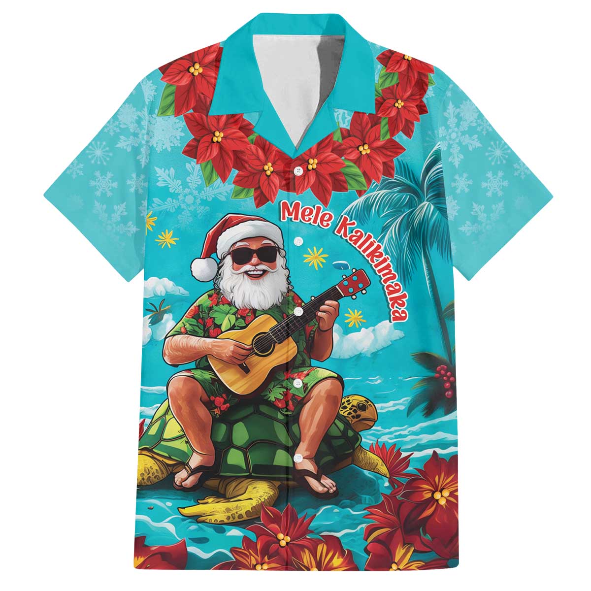 Hawaii Christmas Family Matching Off The Shoulder Long Sleeve Dress and Hawaiian Shirt Mele Kalikimaka Poinsettia Lei - Cyan