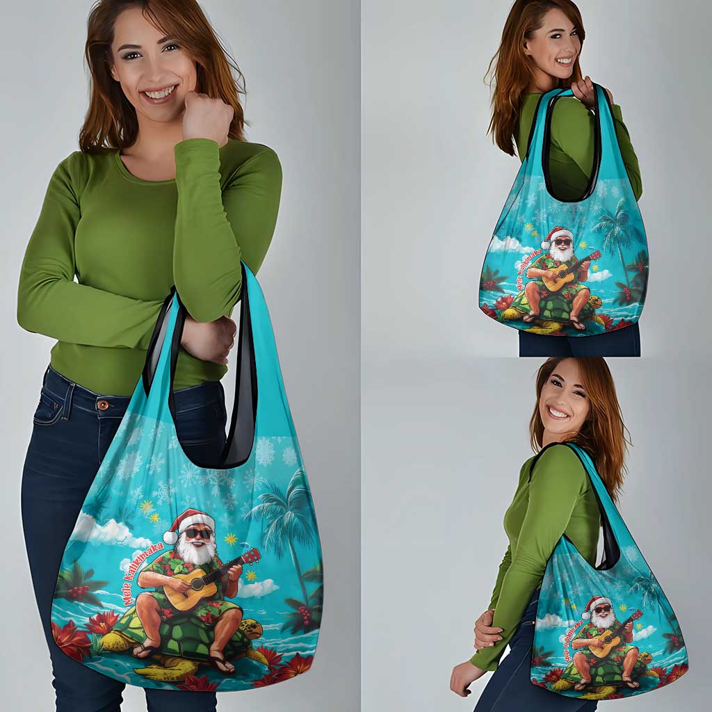 Hawaii Christmas Grocery Bag Mele Kalikimaka Poinsettia Lei - Cyan