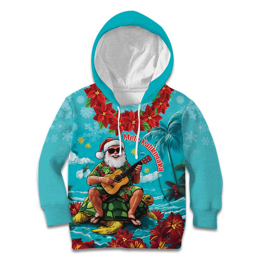 Hawaii Christmas Kid Hoodie Mele Kalikimaka Poinsettia Lei - Cyan