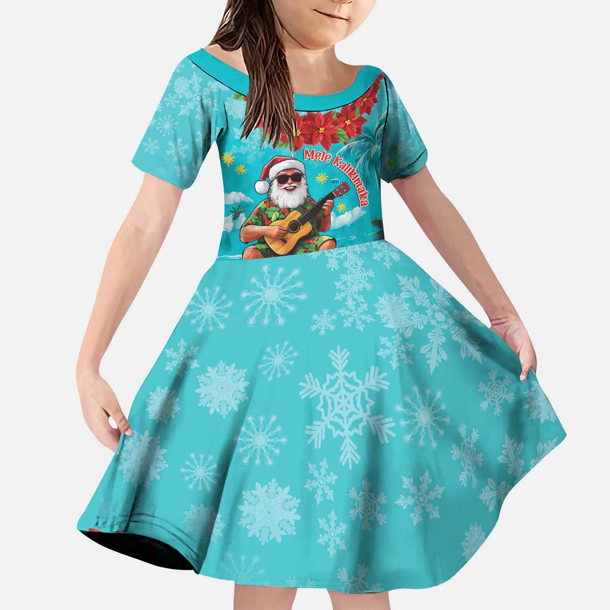 Hawaii Christmas Kid Short Sleeve Dress Mele Kalikimaka Poinsettia Lei - Cyan