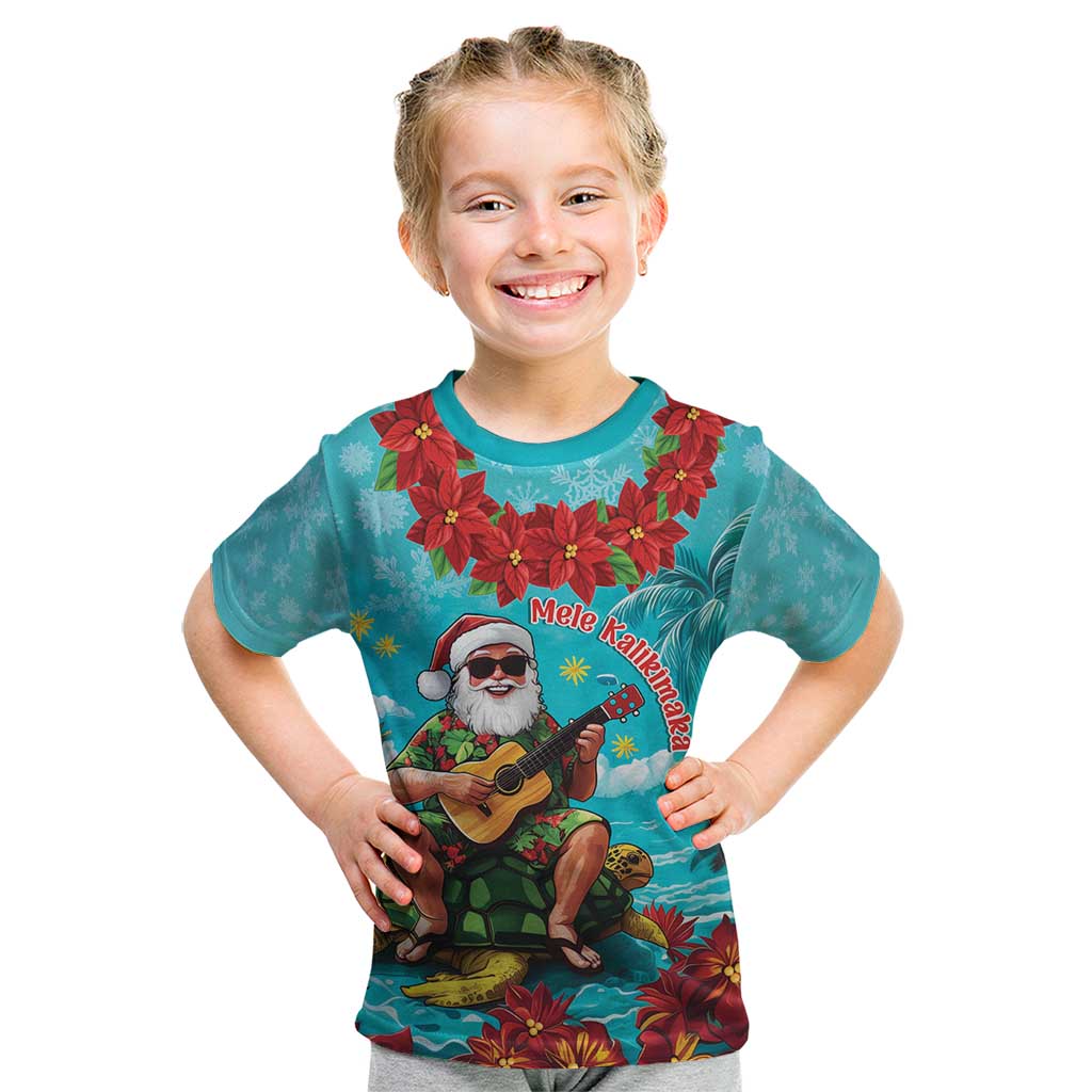 Hawaii Christmas Kid T Shirt Mele Kalikimaka Poinsettia Lei - Cyan