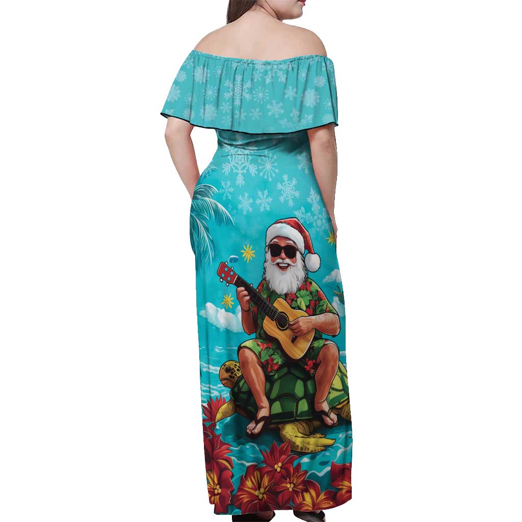 Hawaii Christmas Off Shoulder Maxi Dress Mele Kalikimaka Poinsettia Lei - Cyan