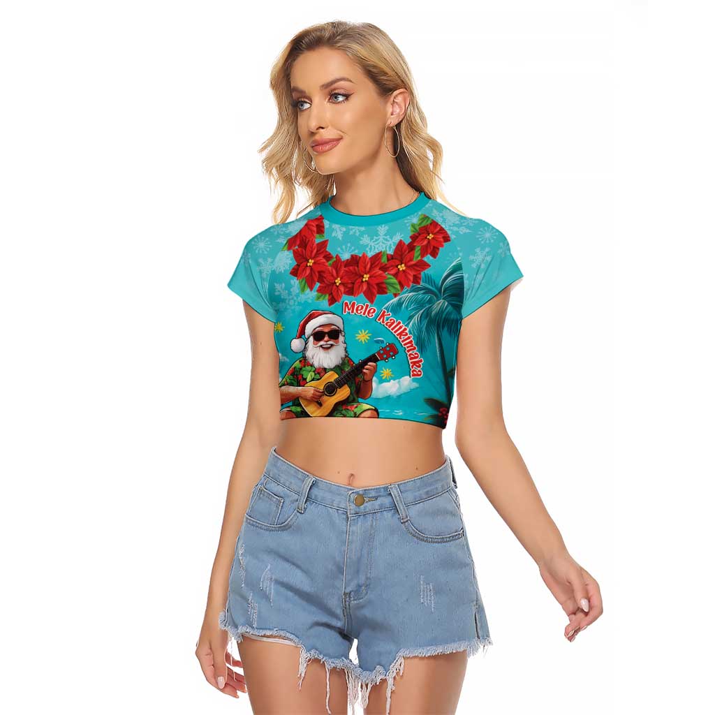 Hawaii Christmas Raglan Cropped T Shirt Mele Kalikimaka Poinsettia Lei - Cyan