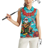 Hawaii Christmas Women Sleeveless Polo Shirt Mele Kalikimaka Poinsettia Lei - Cyan