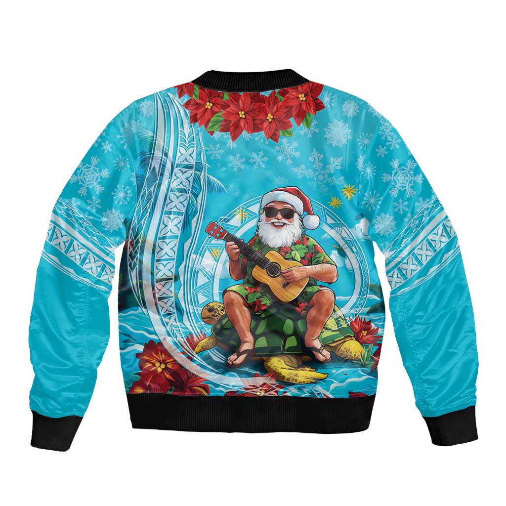 Hawaii Christmas Bomber Jacket Mele Kalikimaka Poinsettia Lei Polynesian - Blue