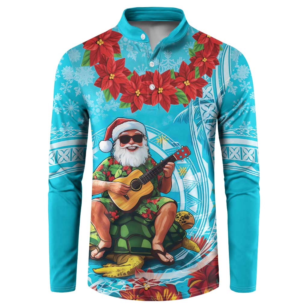 Hawaii Christmas Button Sweatshirt Mele Kalikimaka Poinsettia Lei Polynesian - Blue