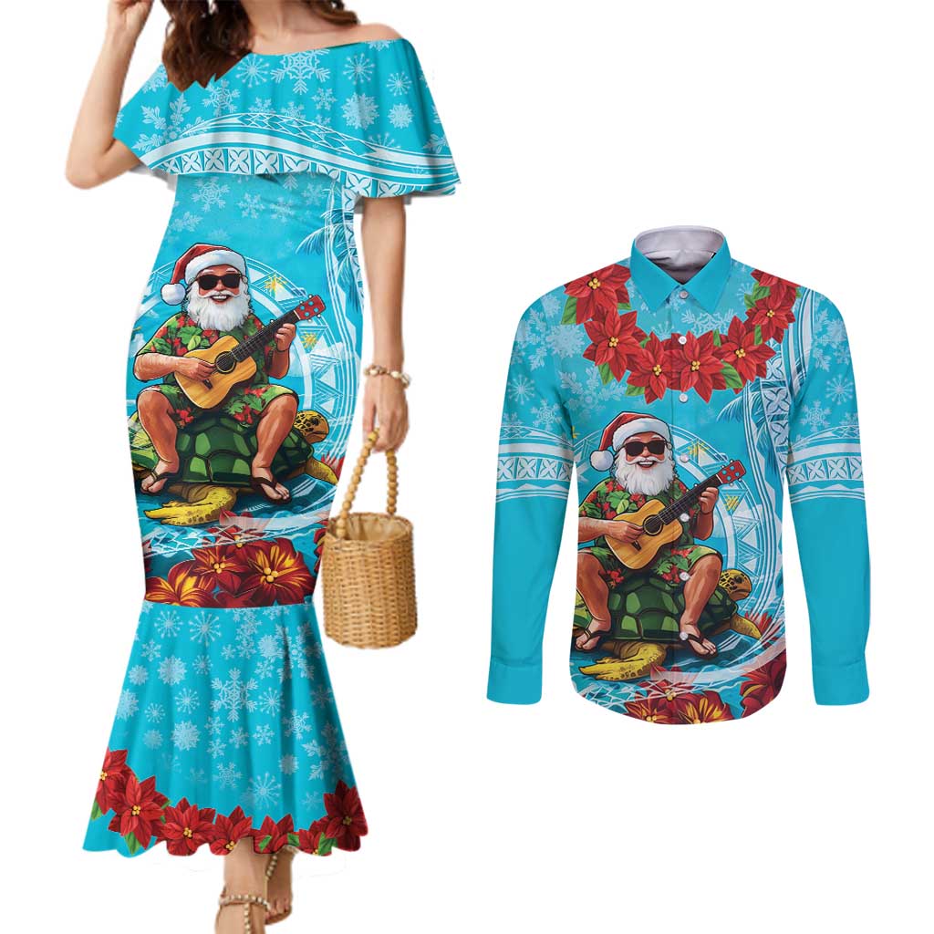 Hawaii Christmas Couples Matching Mermaid Dress and Long Sleeve Button Shirt Mele Kalikimaka Poinsettia Lei Polynesian - Blue