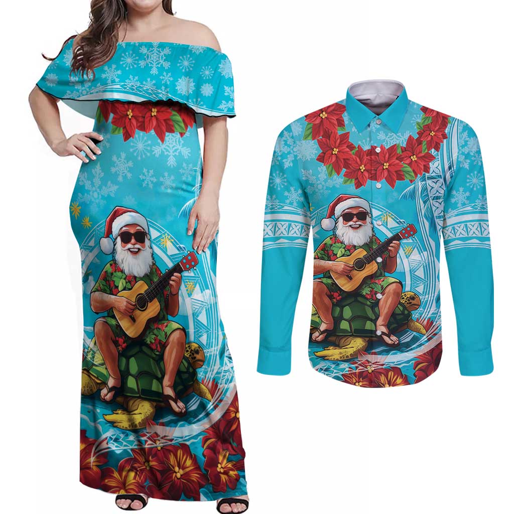Hawaii Christmas Couples Matching Off Shoulder Maxi Dress and Long Sleeve Button Shirt Mele Kalikimaka Poinsettia Lei Polynesian - Blue