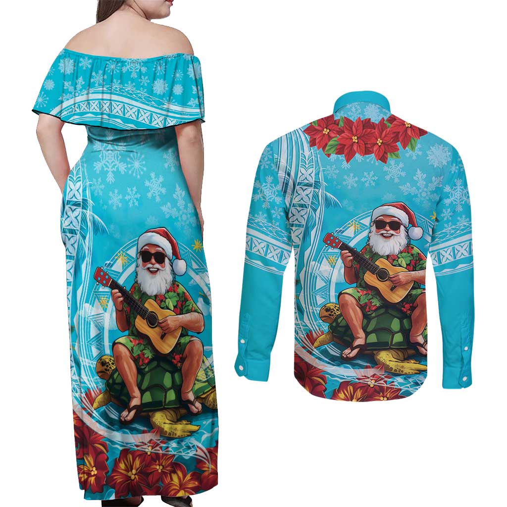 Hawaii Christmas Couples Matching Off Shoulder Maxi Dress and Long Sleeve Button Shirt Mele Kalikimaka Poinsettia Lei Polynesian - Blue