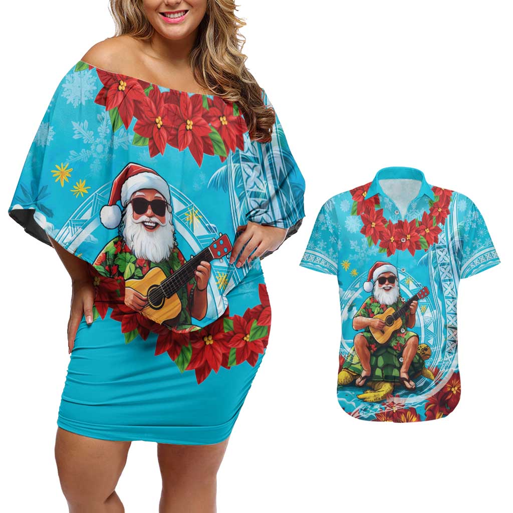 Hawaii Christmas Couples Matching Off Shoulder Short Dress and Hawaiian Shirt Mele Kalikimaka Poinsettia Lei Polynesian - Blue