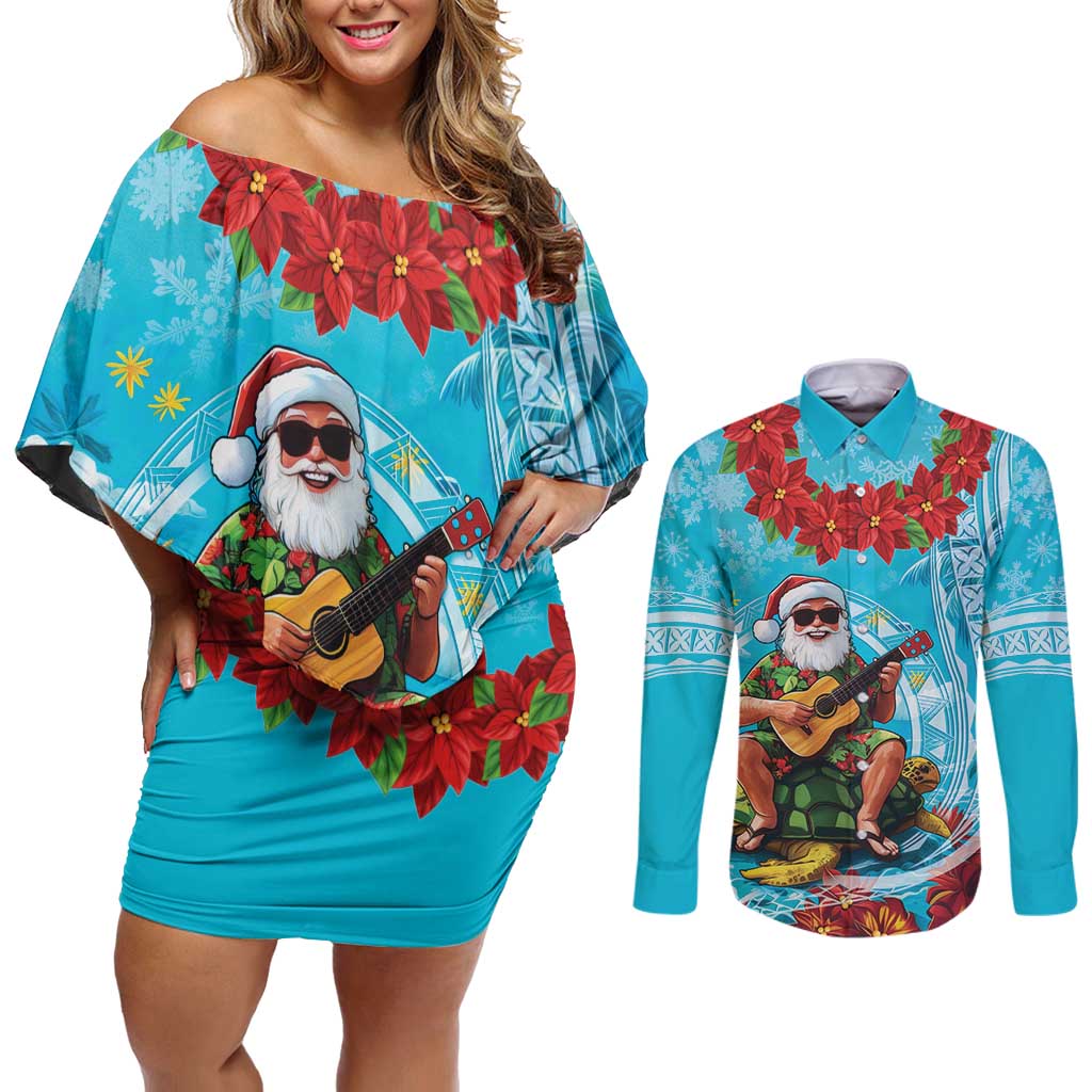 Hawaii Christmas Couples Matching Off Shoulder Short Dress and Long Sleeve Button Shirt Mele Kalikimaka Poinsettia Lei Polynesian - Blue