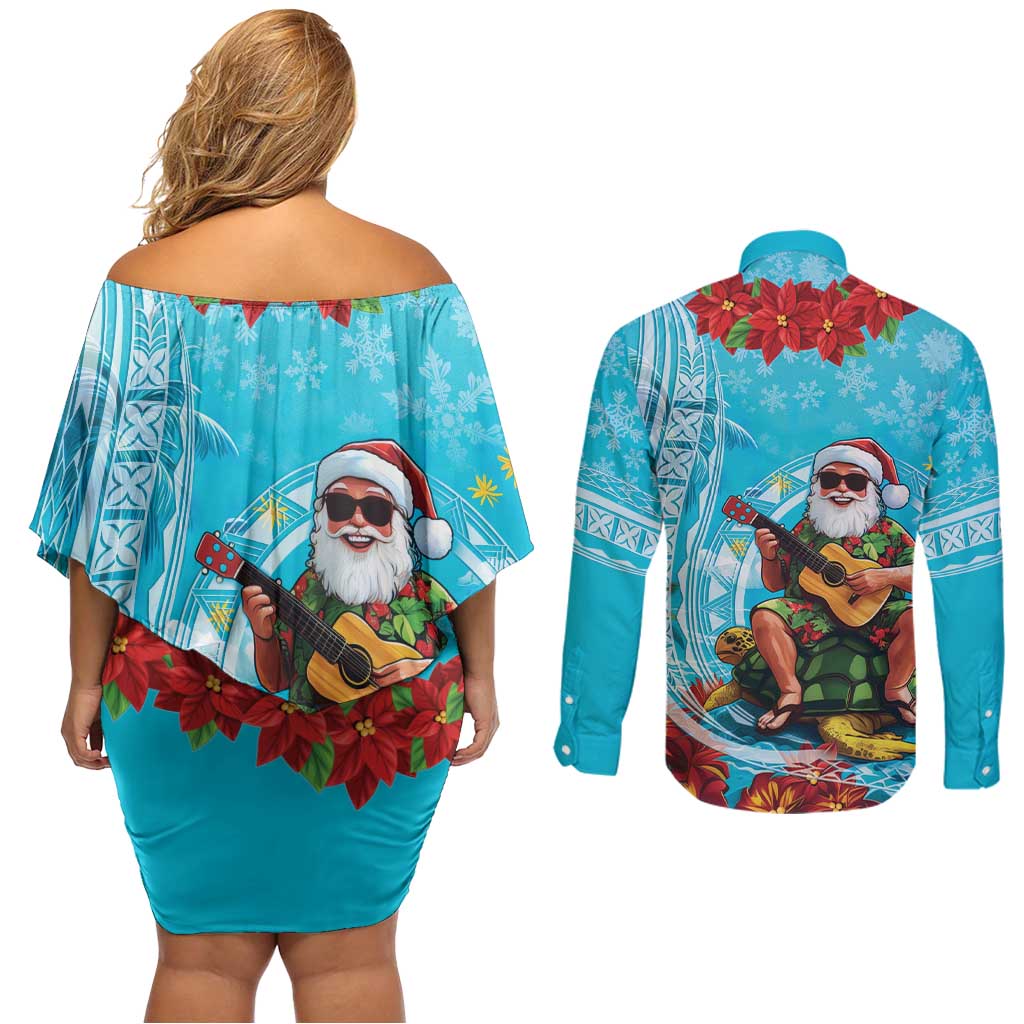 Hawaii Christmas Couples Matching Off Shoulder Short Dress and Long Sleeve Button Shirt Mele Kalikimaka Poinsettia Lei Polynesian - Blue