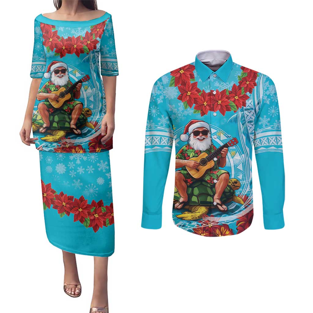 Hawaii Christmas Couples Matching Puletasi and Long Sleeve Button Shirt Mele Kalikimaka Poinsettia Lei Polynesian - Blue