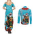 Hawaii Christmas Couples Matching Summer Maxi Dress and Long Sleeve Button Shirt Mele Kalikimaka Poinsettia Lei Polynesian - Blue