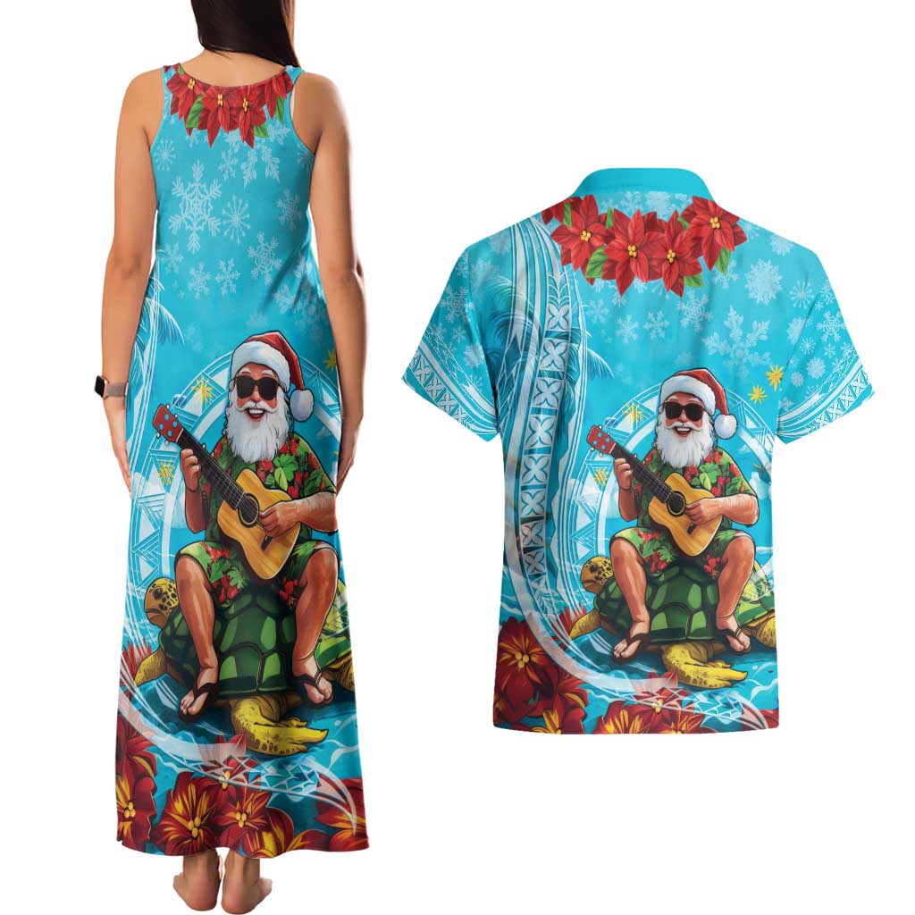 Hawaii Christmas Couples Matching Tank Maxi Dress and Hawaiian Shirt Mele Kalikimaka Poinsettia Lei Polynesian - Blue