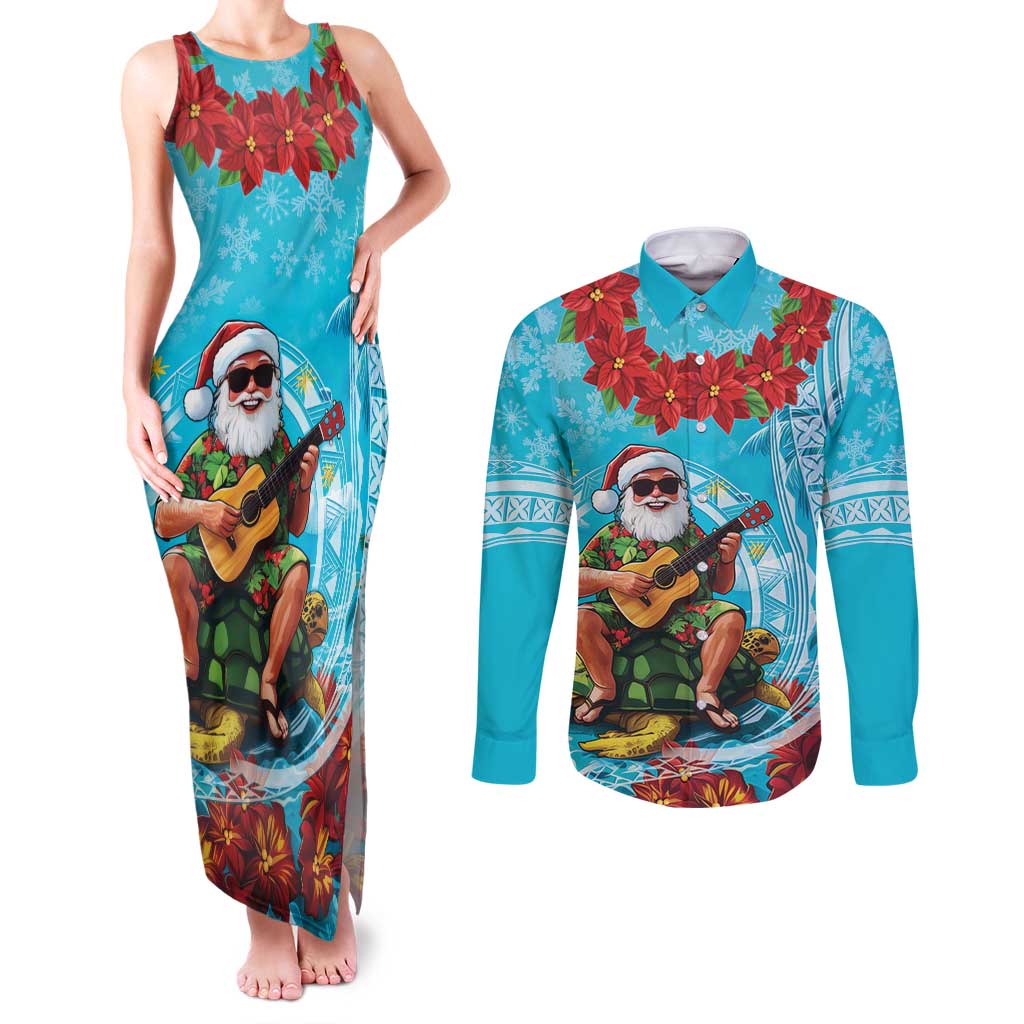 Hawaii Christmas Couples Matching Tank Maxi Dress and Long Sleeve Button Shirt Mele Kalikimaka Poinsettia Lei Polynesian - Blue