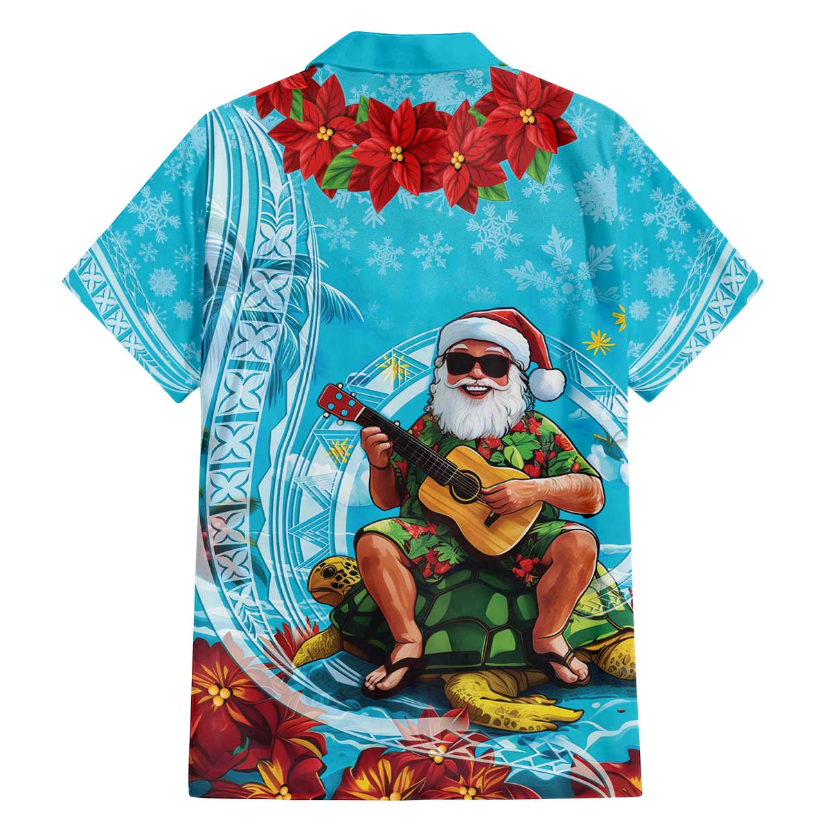 Hawaii Christmas Family Matching Off The Shoulder Long Sleeve Dress and Hawaiian Shirt Mele Kalikimaka Poinsettia Lei Polynesian - Blue