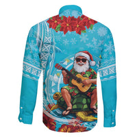 Hawaii Christmas Family Matching Off Shoulder Short Dress and Hawaiian Shirt Mele Kalikimaka Poinsettia Lei Polynesian - Blue