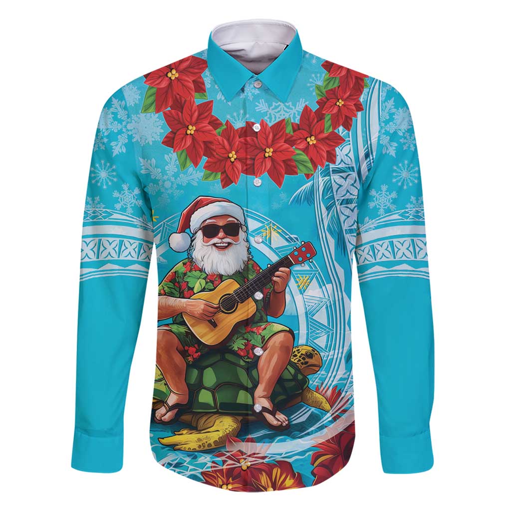 Hawaii Christmas Family Matching Tank Maxi Dress and Hawaiian Shirt Mele Kalikimaka Poinsettia Lei Polynesian - Blue