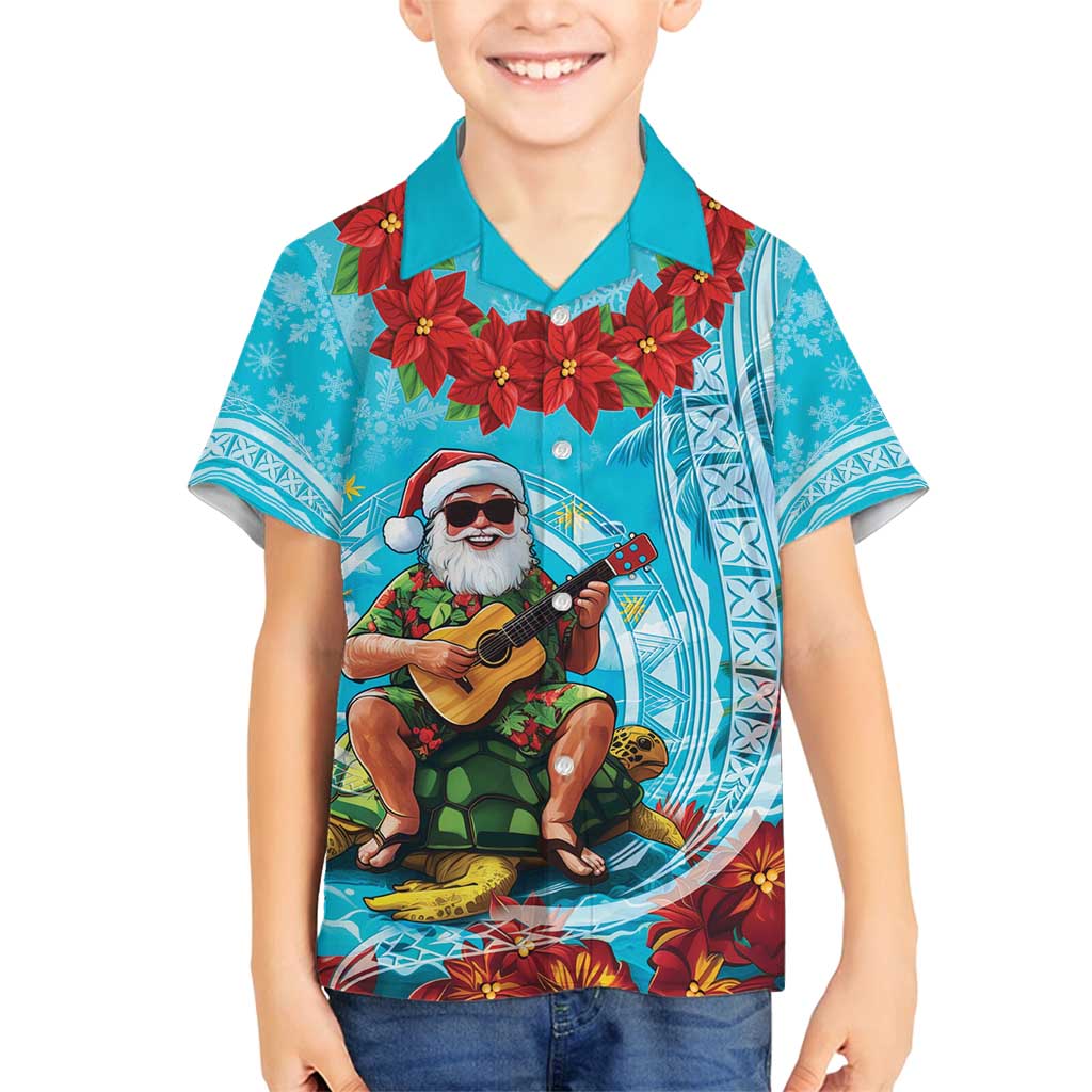 Hawaii Christmas Family Matching Tank Maxi Dress and Hawaiian Shirt Mele Kalikimaka Poinsettia Lei Polynesian - Blue