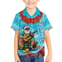 Hawaii Christmas Family Matching Tank Maxi Dress and Hawaiian Shirt Mele Kalikimaka Poinsettia Lei Polynesian - Blue