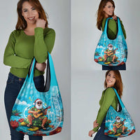 Hawaii Christmas Grocery Bag Mele Kalikimaka Poinsettia Lei Polynesian - Blue