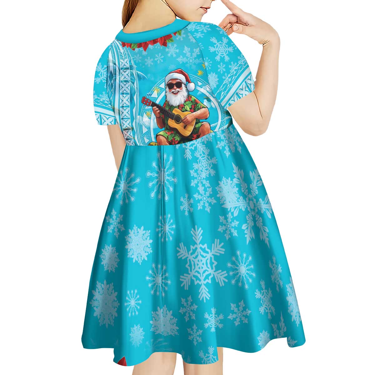 Hawaii Christmas Kid Short Sleeve Dress Mele Kalikimaka Poinsettia Lei Polynesian - Blue