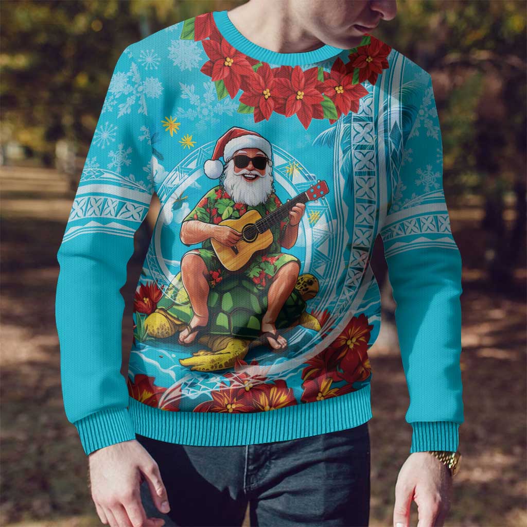Hawaii Christmas Ugly Christmas Sweater Mele Kalikimaka Poinsettia Lei Polynesian - Blue
