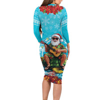 Hawaii Christmas Long Sleeve Bodycon Dress Mele Kalikimaka Poinsettia Lei Polynesian - Blue